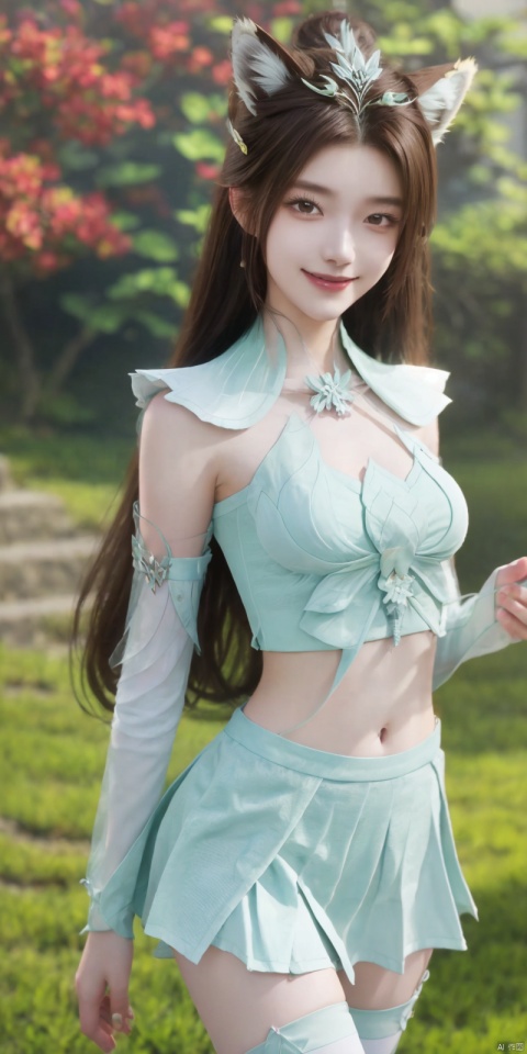 best quality, masterpiece, realistic,cowboy_shot,(Good structure), DSLR Quality,Depth of field,kind smile,looking_at_viewer,Dynamic pose, 
1girl, solo, breasts, looking at viewer, blush, , skirt, brown hair, shirt, thighhighs, navel, holding, animal ears, bare shoulders, , standing, panties, tail,, white shirt, thighs, cowboy shot, pleated skirt, ,, sleeveless, midriff, black thighhighs, indoors, miniskirt, stomach, white panties, grin, crop top, animal ear fluff, bare arms, fox ears, sleeveless shirt, fox tail, halo, pantyshot, white skirt, fox girl, brown thighhighs, cheerleader, pom pom \(cheerleading\), crop top overhang, holding pom poms,  , , yanruyu