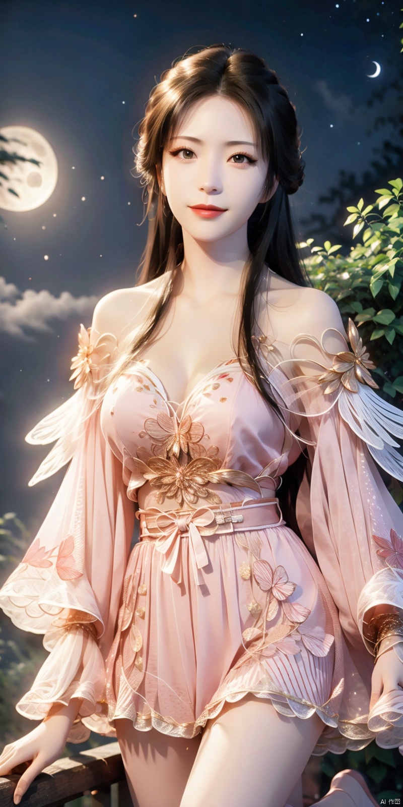  (Good structure),cowboy_shot,1girl, bare_shoulders, breasts, bug, butterfly, cleavage, cloud, crescent_moon, full_moon, hair_ornament, lips, long_hair, looking_at_viewer, medium_breasts, moon, moonlight, night, night_sky, red_lips, kneeling, sky, solo, star_\(sky\), starry_sky,sun,,looking_at_viewer,kind smile, nangongwan