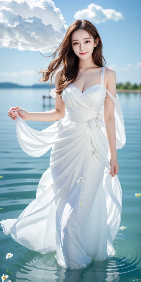 (Good structure), DSLR Quality, depth of field, (1girl:1.2), , very long hair,, yellow eyes, light smile, looking at viewer, white shirt, white skirt, (flying white chiffon:1.5), bare shoulder, (flying blue petals:1.2), (standing above water surface), sky background, (cloud:1.2), white bird, floating water drops, (white border:1.2) , 
backlight, , taoist robe, ll-hd,(((large breasts)), depth of field,, ((poakl)),  dililengba,looking_at_viewer,kind smile, 1girl