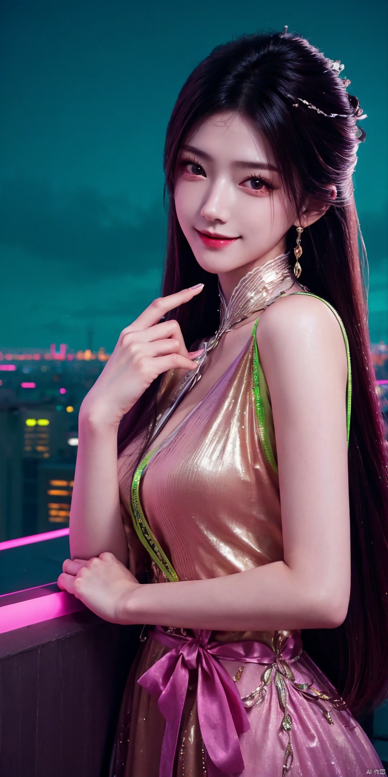  best quality, masterpiece, realistic,cowboy_shot,(Good structure), DSLR Quality,Depth of field,kind smile,looking_at_viewer,Dynamic pose, 
neonpunk style Neon noir leogirl,hANMEIMEI,realistic photography,,On the rooftop of a towering skyscraper,a girl stands,facing the camera directly. Behind her,a multitude of skyscrapers stretches into the distance,creating a breathtaking urban panorama. It's the perfect dusk moment,with the evening sun casting a warm glow on the girl's face,intensifying the scene's impact. The photo captures a sense of awe,with the sharpness and realism making every detail vivid and clear,Hair fluttered in the wind,long hair,halterneck, . cyberpunk, vaporwave, neon, vibes, vibrant, stunningly beautiful, crisp, detailed, sleek, ultramodern, magenta highlights, dark purple shadows, high contrast, cinematic, ultra detailed, intricate, professional, , , , , , dress, blue dress, ,  ,jinpinger