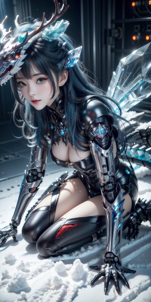  masterpiece, best quality, ultra-detailed, detailed pupils, photography, pale, realistic skin texture, 1girl, Simple background, indoor, lying, on back, from front, blush, brown eyes, close-up, uncensored, clear background, glowing particles, lightning thunder, dragon, Solo, charming Oriental beauty, ((full body)), ((antlers)), ((frost covered)), HD, Ultra HD, 16K high quality, Highest image quality, masterpiece, master masterpiece, top CG rendering, brilliant ice crystal wings, (large s-shaped devil body), ice-blue skin, perfect body, (slender thighs), hot, realistic, real texture, real photos, ((((Mechanical Ice Crystal Body))), Cyberpunk Mech, (Water Dragon Helmet), ((Full Body Leather Armor)), Oriental Beauty, Starry Background, Detailing, Master, Full Body Mech Reflector, octane rendering, metallic luster, ice blue mechanical armor, (((ice and snow texture embroidery cape)), ((masterpiece)), illustration, best quality, very detailed CG, 8k wallpaper, very delicate and beautiful, game_cg, ((Full Body Photo)), Streamlined Body, Long Legs, Cyber-Tibs, Surrealistic, (Realistic), Solo, Ultra Detail, (Telephoto), ((Ultra Fine Detail)), ((CG Rendering)), babata,blue_hair, BY MOONCRYPTOWOW