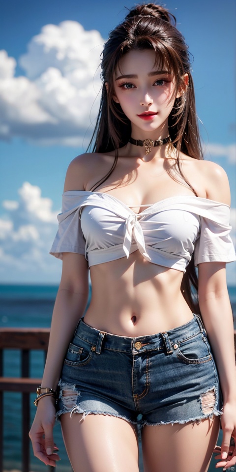  cowboy shot, Blue sky, white clouds, ocean,nai3, 1girl, shorts, solo, crop top, black shorts, choker, navel, shirt, midriff, crop top overhang, looking at viewer, white shirt, jewelry, breasts, bare shoulders, short shorts, off-shoulder shirt, off shoulder, black choker, thighs, stomach, hand on own thigh, long hair, bracelet, short sleeves, ribbon, hand up, collarbone, hair ribbon, medium breasts, standing, high-waist shorts, dolphin shorts, bra strap, , hair ornament, thigh gap, necklace, expressionless, , ,kind smile, , , tianhu