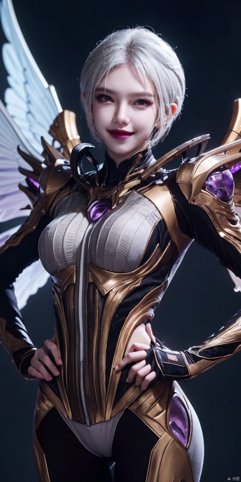  best quality, masterpiece, realistic,,(Good structure), DSLR Quality,Depth of field,kind smile,looking_at_viewer,Dynamic pose, 
 short hair,white_hair,
jiuhuangnv, 1girl, solo, wings, bodysuit, short hair, mechanical wings, hand on hip, breasts, purple lips, makeup