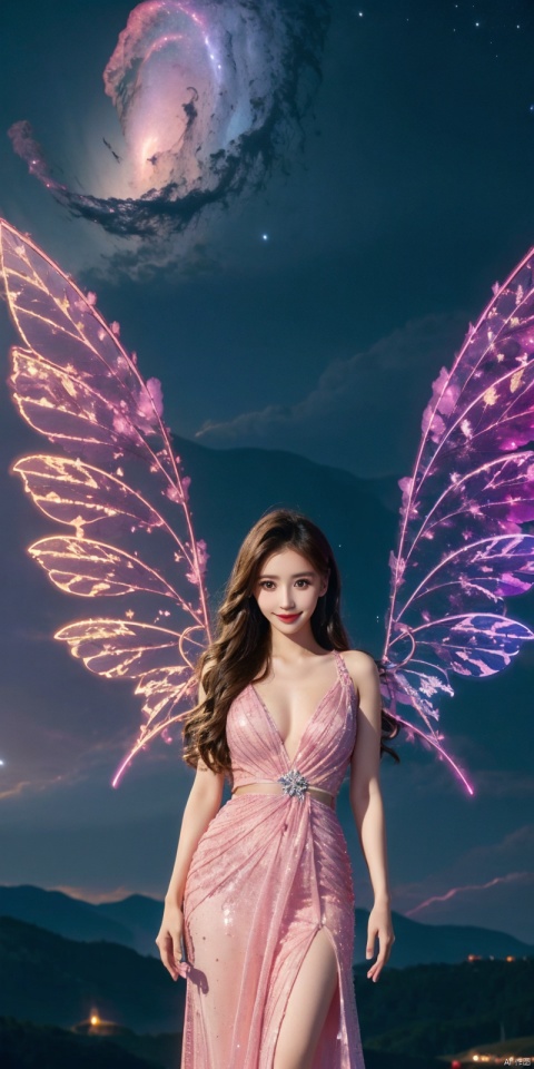  (Good structure), DSLR Quality,Depth of field,kind smile,looking_at_viewer,Dynamic pose, 1girl, wings, solo, nebula wings, breasts, , long hair, navel, dress, pink wings, looking at viewer, star \(sky\), , , bare shoulders, sky, starry sky, collarbone, realistic, nebula, ((poakl)),, angel, blue dress