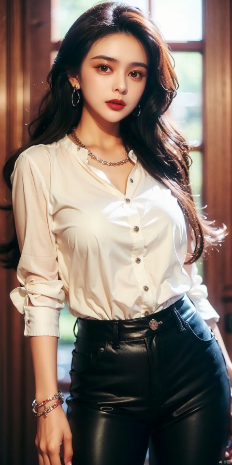  1girl, jewelry, earrings, solo, lipstick, black_hair, long_hair, makeup, red_lips,shirt,fancy brooch,pants, bracelet, black_pants, cowboy_shot, Realistic, masterpiece, highest quality, high resolution,dundar,, dyzgqzm, qingsha, ((poakl)), guanzhilin