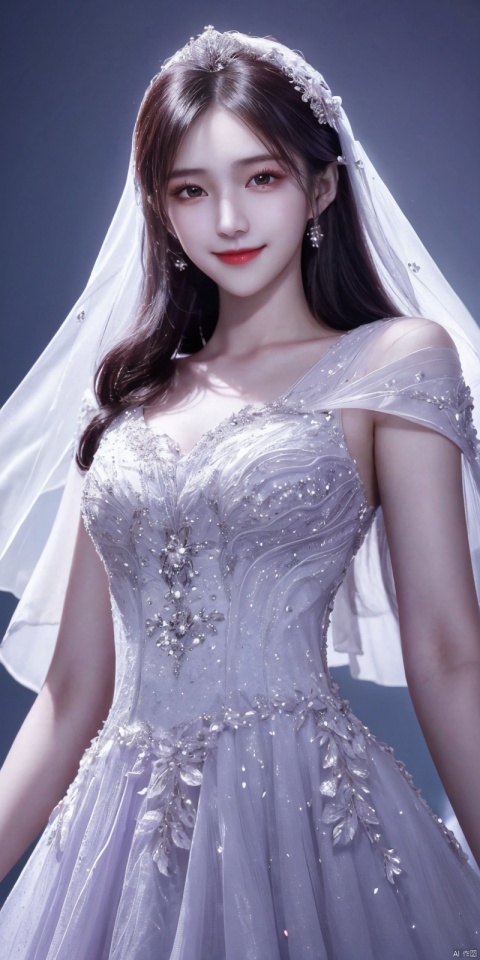  best quality, masterpiece, cowboy_shot,(Good structure), DSLR Quality,Depth of field,kind smile,looking_at_viewer,Dynamic pose, 
A chinese girl,Stunning crystal wedding dress cape, lavender, magic, soft lighting effects, blue dream background, octane rendering, surreal, HD 16K-AR, weddingdress, xuxin,