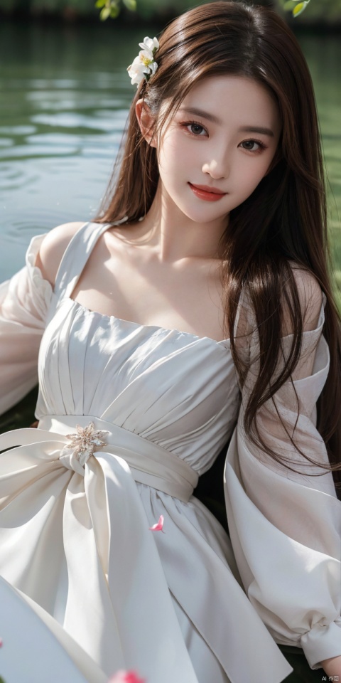  best quality, masterpiece, realistic,,(Good structure), DSLR Quality,Depth of field,kind smile,looking_at_viewer,Dynamic pose, 
1girl, solo, long hair, looking at viewer, bangs, brown hair, long sleeves, dress, ribbon, green eyes, collarbone, hair ribbon, flower, outdoors, lying, parted lips, puffy sleeves, on back, water, white dress, red ribbon, parted bangs, petals, white flower, partially submerged, layered sleeves, short over long sleeves, liuyifei