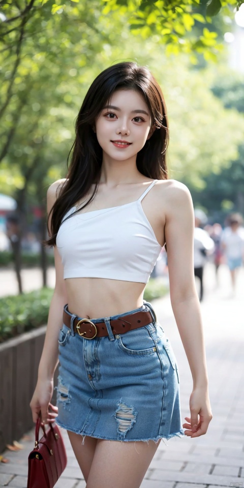  best quality, masterpiece, cowboy_shot,(Good structure), DSLR Quality,Depth of field,kind smile,looking_at_viewer,Dynamic pose,
 1girl, 3d, bare_shoulders, belt, blurry, blurry_background, blurry_foreground, branch, , , , collarbone, cosplay_photo, denim, denim_skirt, depth_of_field, , lips, long_hair, looking_at_viewer, midriff, miniskirt, motion_blur, navel, outdoors, photo_\(medium\), realistic, skirt, solo, standing, tree, , , , , jinmai