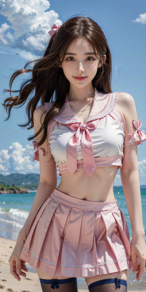  cowboy shot,(Good structure), DSLR Quality,Blue sky and white clouds on the beach,(high-detail skin) , 8K ultra-hd, , high quality, high resolution,(photo realistic: 1.3) 
, sailor senshi uniform,pink bow,pink necktie,pink sailor collar,pinkskirt,black pantyhose, , ,kind smile,  nazha, ((poakl)), 1girl