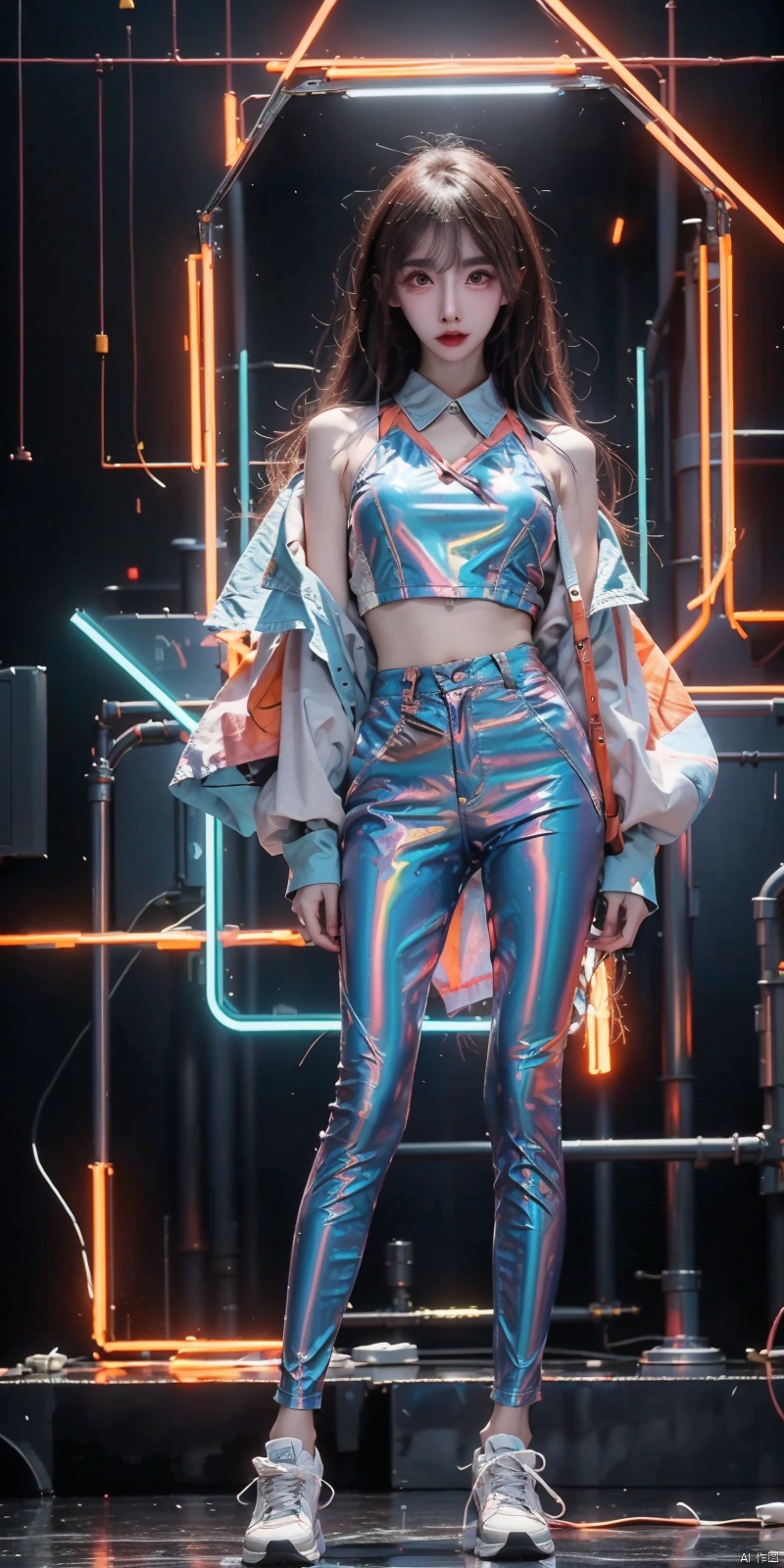  1 girl, loose clothes, (holding a samurai sword) (blue hair, blue eyes, three-dimensional facial features, big eyes, light makeup, lying silkworm), (loli height, standing on a mirrored stage, full body photo), (overhead view), (workwear pants, clothing - street hip-hop), (exquisite masterpiece), (holographic projection), (cyberpunk style), (mechanical modular background), (Luminous circuit) (Flashing neon light) (Blue illuminated background) (Background blurring treatment), Light-electric style, fangfang