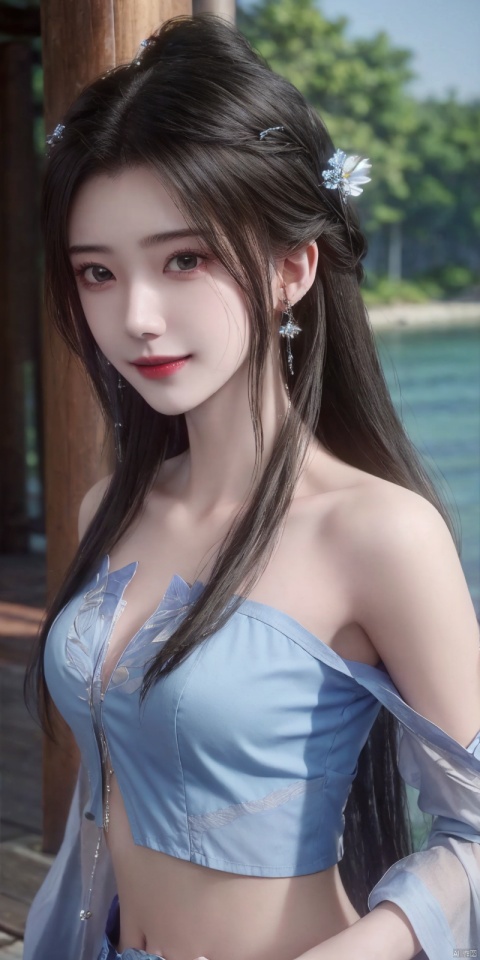  best quality, masterpiece, realistic,cowboy_shot,(Good structure), DSLR Quality,Depth of field,kind smile,looking_at_viewer,Dynamic pose, 
1girl, solo, long hair, , looking at viewer, skirt, hair ornament, bare shoulders, jewelry, , black hair, earrings, outdoors, midriff, water, necklace, lips, crop top, grey eyes, leaning forward, ocean, white skirt, strapless vest, sunset, sun, , ,  , limuwan