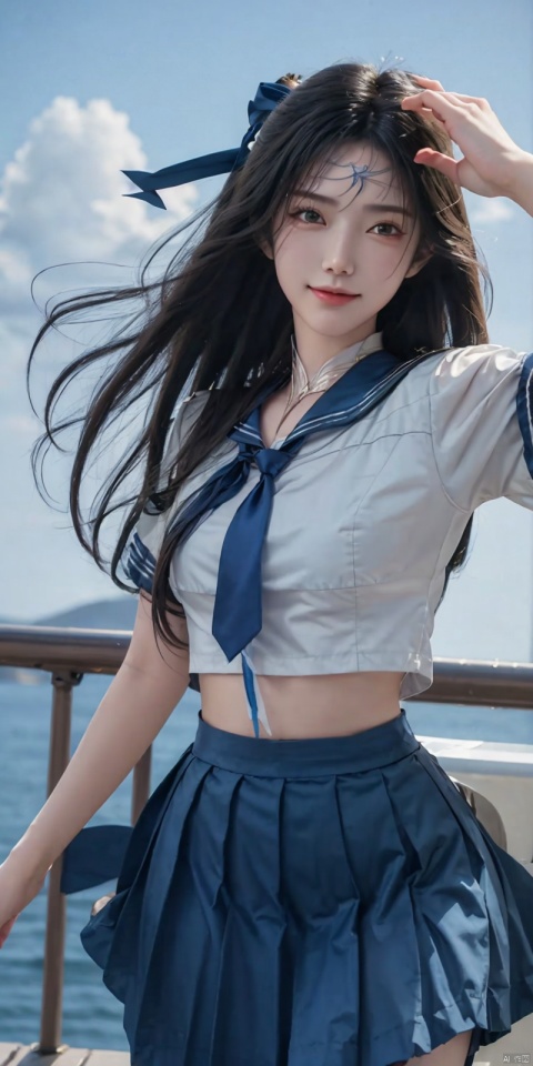 best quality, masterpiece, realistic,cowboy_shot,(Good structure), DSLR Quality,Depth of field,kind smile,looking_at_viewer,Dynamic pose, 
,  Wind, flowing hair, , Dynamic pose, , perfect body, Blue sky and white clouds, campus,
 sailor senshi uniform,blue bow,blue necktie,blue sailor collar,blueskirt, ,,blackpantyhose,jinpinger