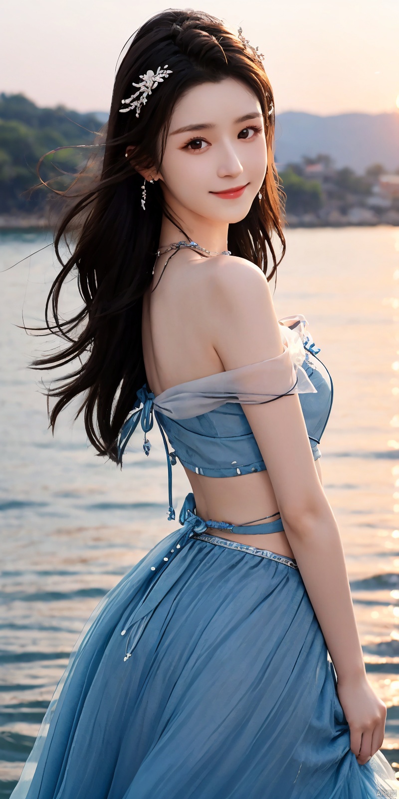  best quality, masterpiece, realistic,cowboy_shot,(Good structure), DSLR Quality,Depth of field,kind smile,looking_at_viewer,Dynamic pose, 
1girl, solo, long hair, , looking at viewer, skirt, hair ornament, bare shoulders, jewelry, , black hair, earrings, outdoors, midriff, water, necklace, lips, crop top, grey eyes, leaning forward, ocean, white skirt, strapless vest, sunset, sun, ,  , dress,blue dress, , hanikezi