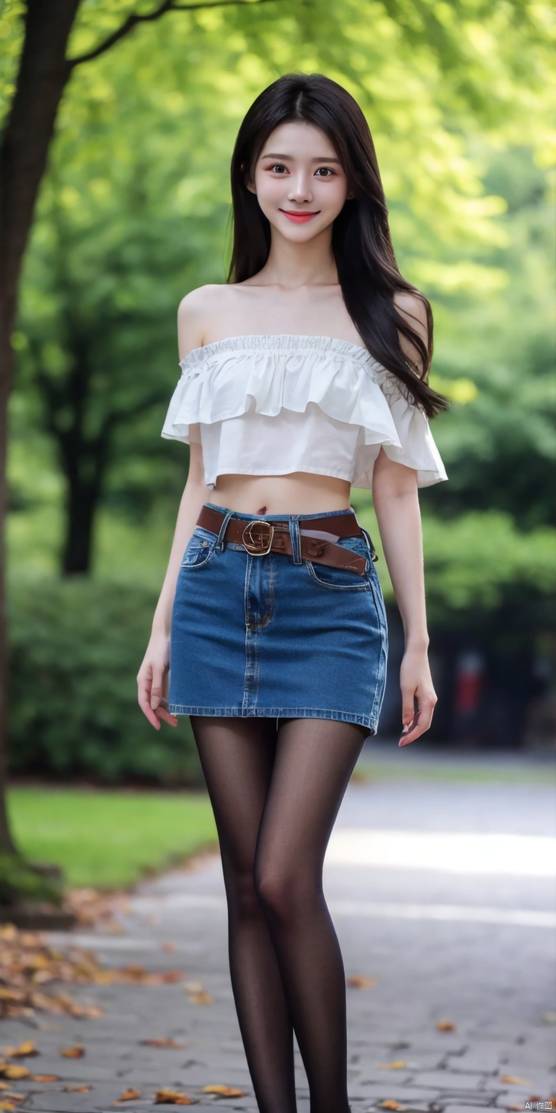  best quality, masterpiece, full_body,(Good structure), DSLR Quality,Depth of field,kind smile,looking_at_viewer,Dynamic pose,
 1girl, 3d, bare_shoulders, belt, blurry, blurry_background, blurry_foreground, branch, , , , collarbone, *******_photo, denim, denim_skirt, depth_of_field, , lips, long_hair, looking_at_viewer, midriff, miniskirt, motion_blur, navel, outdoors, photo_\(medium\), realistic, skirt, solo, standing, tree, , , , blackpantyhose, , , , , , , ,  , xuner