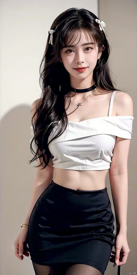 nai3, 1girl, shorts, solo, crop top, choker, pencil skirt, skirt, , navel, shirt, midriff, crop top overhang, looking at viewer, white shirt, jewelry, breasts, cowboy shot, bare shoulders,  off-shoulder shirt, off shoulder, black choker, thighs, stomach, hand on own thigh, long hair, bracelet, short sleeves, ribbon, hand up, collarbone, hair ribbon, medium breasts, standing, , , bra strap, kind smile, hair ornament, thigh gap, bangs, necklace, expressionless,, , , blackpantyhose, wangzuxian