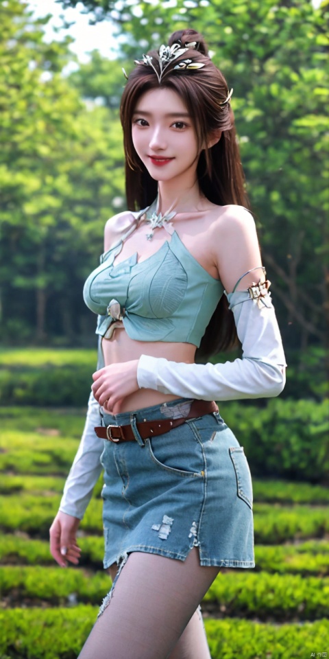  best quality, masterpiece, cowboy_shot,(Good structure), DSLR Quality,Depth of field,kind smile,looking_at_viewer,Dynamic pose,
 1girl, 3d, bare_shoulders, belt, blurry, blurry_background, blurry_foreground, branch, , , , collarbone, cosplay_photo, denim, denim_skirt, depth_of_field, , lips, long_hair, looking_at_viewer, midriff, miniskirt, motion_blur, navel, outdoors, photo_\(medium\), realistic, skirt, solo, standing, tree, , , , blackpantyhose, , , , yanruyu