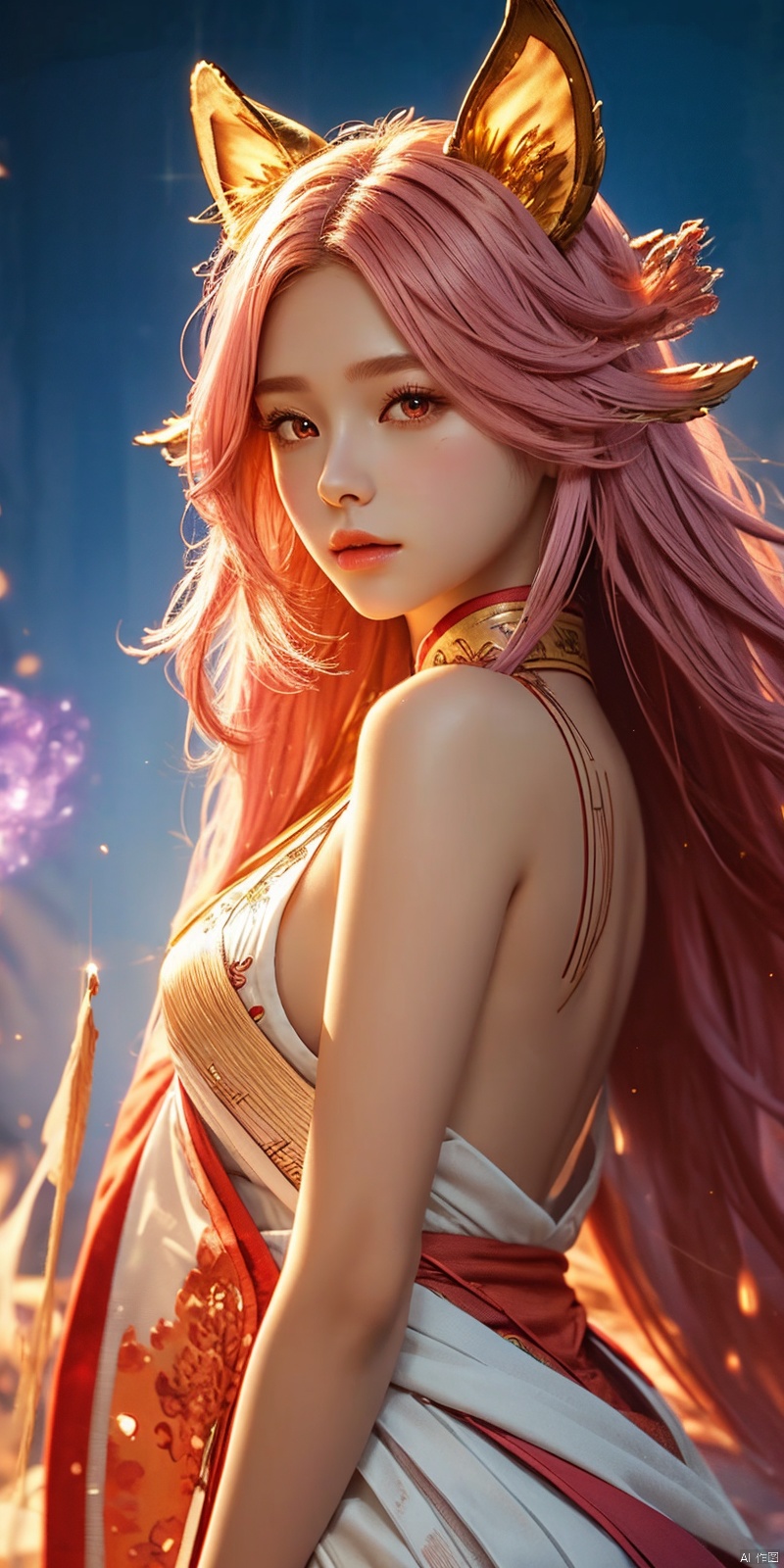  masterpiece, 1 girl, Look at me, Long hair, Flame, A magical scene, glowing, Floating hair, realistic, Nebula, An incredible picture, The magic array behind it, Stand, textured skin, super detail, best quality, ,,dress, ((poakl)), yae miko,purple eyes, pink hair, animal ears, bare shoulders, fox ears, heart, , long hair, , hair between eyes,