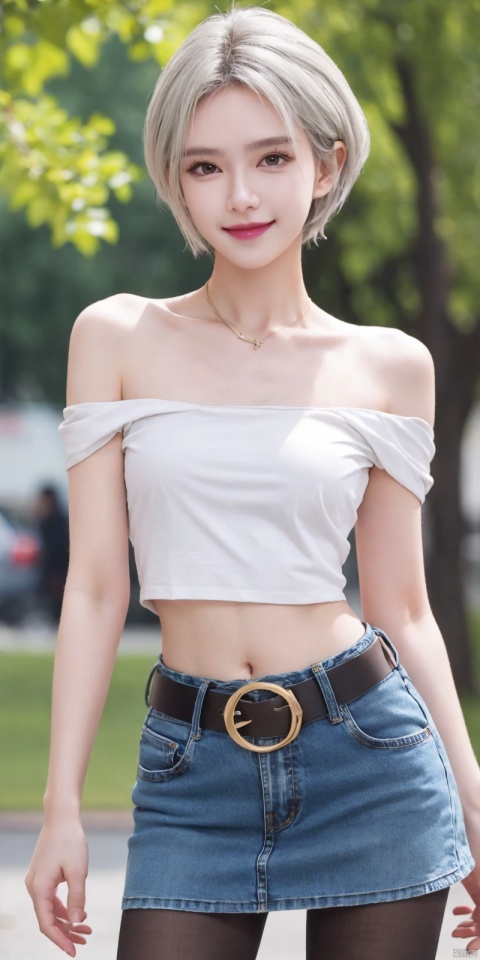 best quality, masterpiece, realistic,cowboy_shot,(Good structure), DSLR Quality,Depth of field,kind smile,looking_at_viewer,Dynamic pose, 
 1girl, 3d, bare_shoulders, belt, blurry, blurry_background, blurry_foreground, branch, , , , collarbone, *******_photo, denim, denim_skirt, depth_of_field, , lips, long_hair, looking_at_viewer, midriff, miniskirt, motion_blur, navel, outdoors, photo_\(medium\), realistic, skirt, solo, standing, tree, , , , blackpantyhose, , , , , , , ,  ,jiuhuangnv,white_hair,short_hair