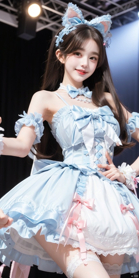  (Good structure), DSLR Quality,Depth of field,kind smile,looking_at_viewer,Dynamic pose, ,(wariza),,Girl, bare shoulders, , boobs, bow tie, ,purple eyes, cat ears, collar, ((Lolita Dress: 1.4)) , blue and white Lolita dress, wrinkled leg outfit, hand-held, lips, nose, shoulders, , alone, long_hair, kind smile, looking at the audience, white leg costume, wrist cuffs, 1girl,,looking_at_viewer, , lolidress , zhangyuanying