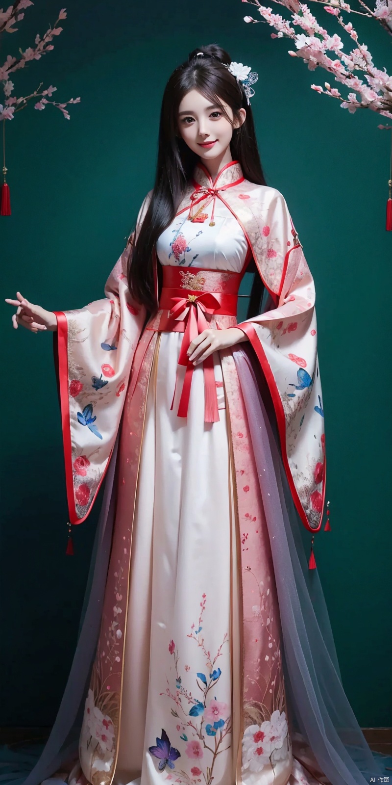  best quality, masterpiece, cowboy_shot,(Good structure), DSLR Quality,Depth of field,kind smile,looking_at_viewer,Dynamic pose, line art,line style,as style,best quality,masterpiece, The image features a beautiful anime-style illustration of a young woman. She has long black hair and is dressed in a traditional Chinese outfit. The outfit consists of a white top with blue and purple accents, a long skirt, and a butterfly-shaped mirror in her hand. She stands against a backdrop of a clear blue sky and a body of water, with butterflies fluttering around her. AI painting pure tag structure: anime, art, illustration, traditional clothes, blue, white, long hair, black hair, butterfly, mirror, sky, water,  , nazha, chineseclothes