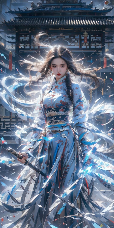  1 girl, solo, (upper body) female focal point, (Hanfu) (kimono) (skirt), blue long hair, (Chinese clothing) (blue eyes) (bright pictures) red lips, bangs, earrings, kimono, Chinese cardigan, print, tassels, (front view) (front view), sword (straight sword)
Elemental Whirlwind, Chinese Dragon_ Imagination__ Cloud winding_ Huoyun_ Dragon, Chinese architecture.
(Masterpiece), (very detailed CG Unity 8K wallpaper), the best quality, high-resolution illustrations, stunning, highlights, (best lighting, best shadows, a very exquisite and beautiful), (enhanced)·, liuyifei