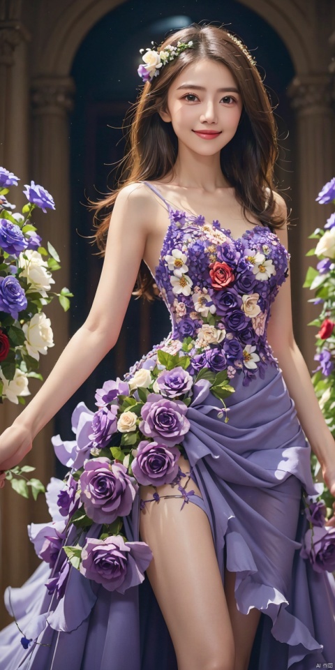 best quality, masterpiece, cowboy_shot,(Good structure), DSLR Quality,Depth of field,kind smile,looking_at_viewer,Dynamic pose, 

flower,purple rose,purple flower,hair flower,hair ornament,
, , weddingdress, , whitedress, ,, dress, yuanyuan,red dress