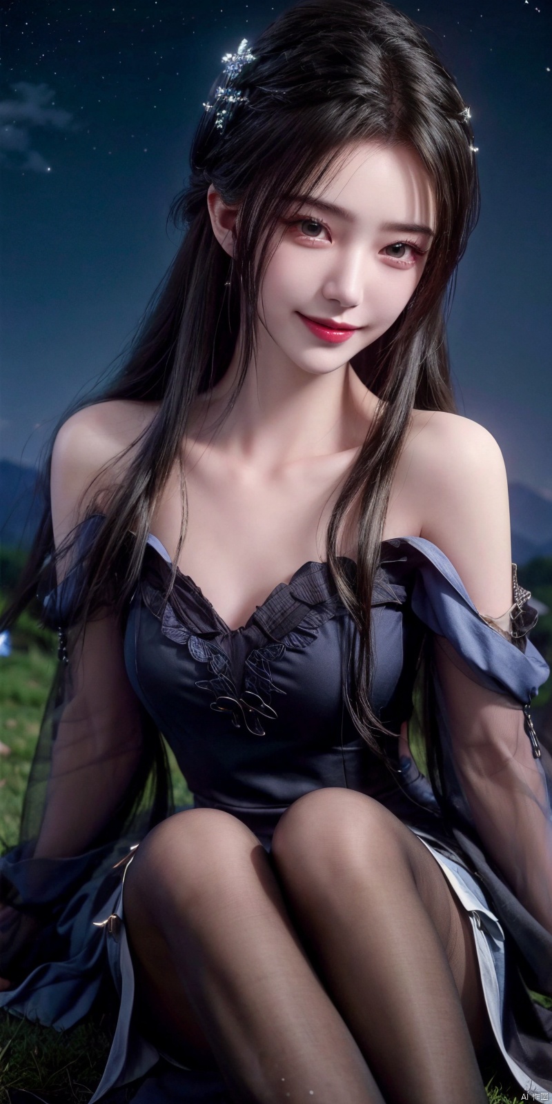  best quality, masterpiece, ,(Good structure), DSLR Quality,Depth of field,kind smile,looking_at_viewer,Dynamic pose, realistic ,
On the mountaintop, you can see the starry sky, and a beautiful girl is sitting on the grass. It is a masterpiece of a master, with stunning beauty, eye close-up, natural beauty, long legs, and short skirt, ,blackpantyhose,  , limuwan