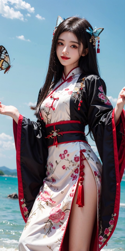  best quality, masterpiece, (cowboy_shot),(Good structure), DSLR Quality,Depth of field,kind smile,looking_at_viewer,Dynamic pose, line art,line style,as style,best quality,masterpiece, The image features a beautiful anime-style illustration of a young woman. She has long black hair and is dressed in a traditional Chinese outfit. The outfit consists of a white top with blue and purple accents, a long skirt, and a butterfly-shaped mirror in her hand. She stands against a backdrop of a clear blue sky and a body of water, with butterflies fluttering around her. AI painting pure tag structure: anime, art, illustration, traditional clothes, blue, white, long hair, black hair, butterfly, mirror, sky, water, , chineseclothes, , jujingyi