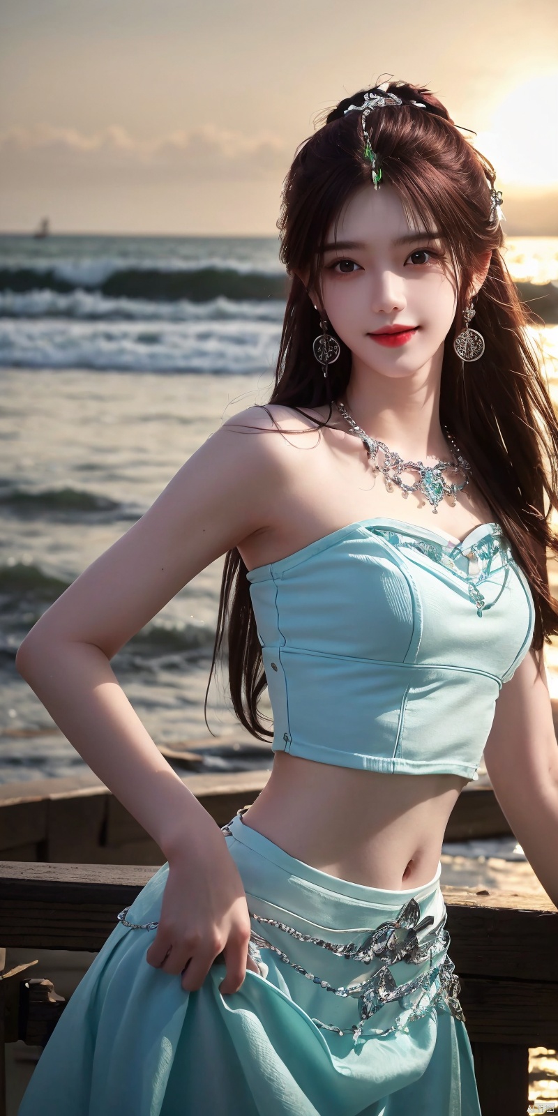  best quality, masterpiece, realistic,cowboy_shot,(Good structure), DSLR Quality,Depth of field,kind smile,looking_at_viewer,Dynamic pose, 
1girl, solo, long hair, , looking at viewer, skirt, hair ornament, bare shoulders, jewelry, , black hair, earrings, outdoors, midriff, water, necklace, lips, crop top, grey eyes, leaning forward, ocean, white skirt, strapless vest, sunset, sun, ,  , yeqinxian,brown_hair