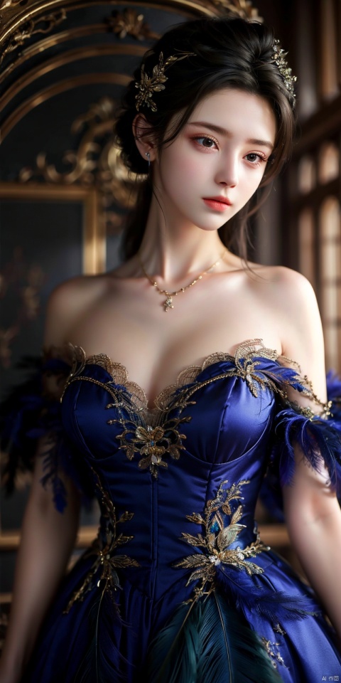  kq01,1girl,solo,black hair,bare shoulders,dress,full body,feathers,, (high quality), best quality, (4k), 8k, super detailed, (full detail), (masterpiece), (realistic), super detailed,(Exquisite details) ,intricate, kq01, ((poakl)), , xuner