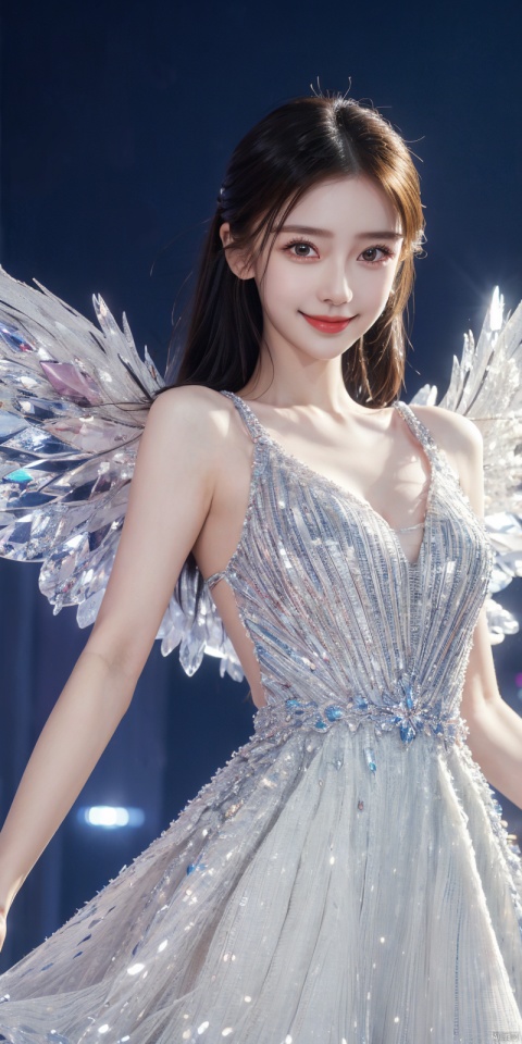  cowboy shot,(Good structure), DSLR Quality,Depth of field,kind smile,looking_at_viewer,Dynamic pose,,1 girl, , young, 8K, ultra fine, epic composition, ultra-high definition image quality, high quality, highest quality, , dress, crystal_dress , crystal , wings , 1girl, , , angel
