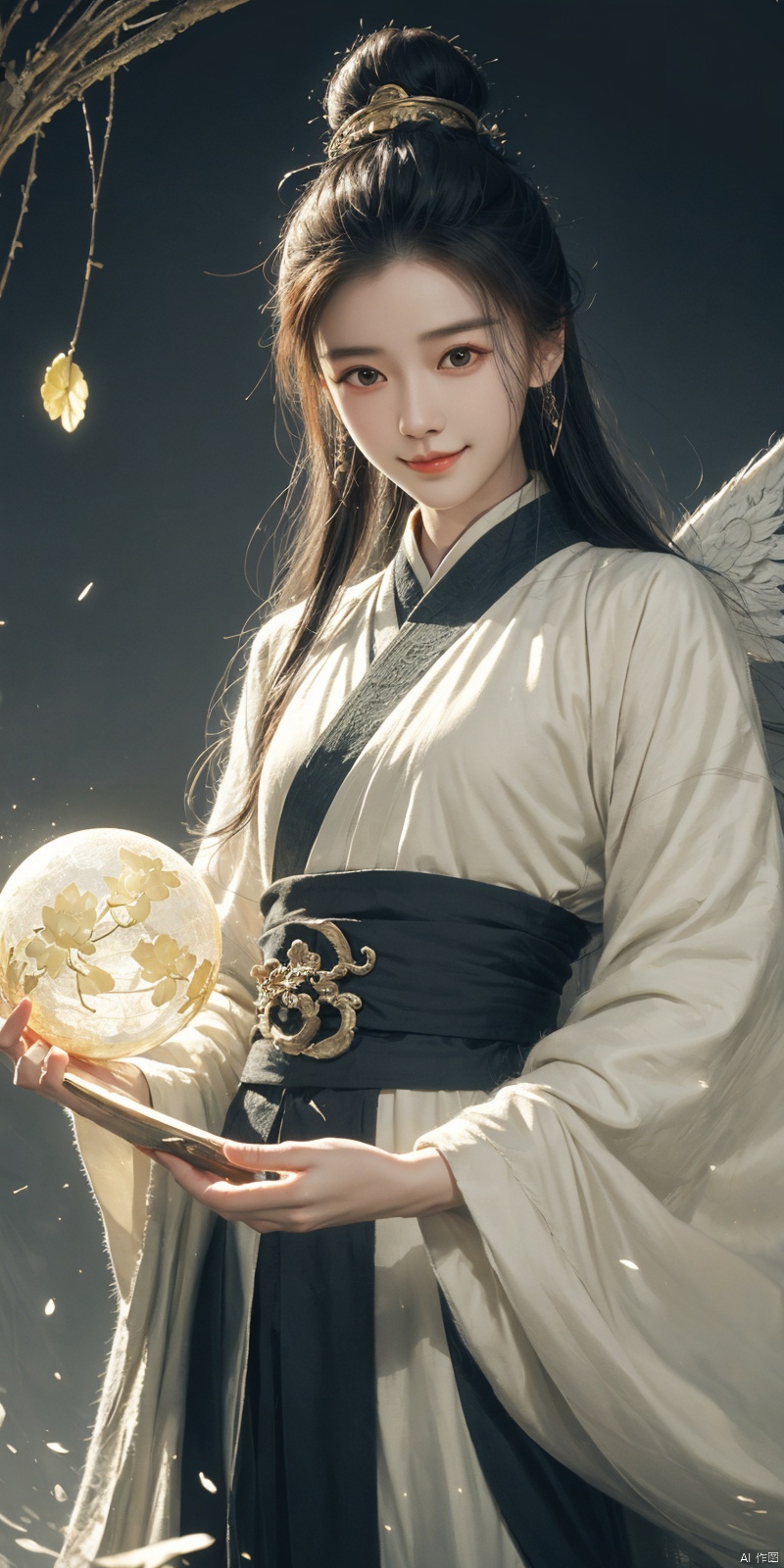  best quality, masterpiece, cowboy_shot,(Good structure), DSLR Quality,Depth of field,kind smile,looking_at_viewer,Dynamic pose, 
 a woman with white hair holding a glowing ball in her hands, white haired deity, by Yang J, heise jinyao, inspired by Zhang Han, xianxia fantasy, flowing gold robes, inspired by Guan Daosheng, human and dragon fusion, cai xukun, inspired by Zhao Yuan, with long white hair, fantasy art style,,Ink scattering_Chinese style, smwuxia Chinese text blood weapon:sw, lotus leaf, (\shen ming shao nv\), gold armor, angel