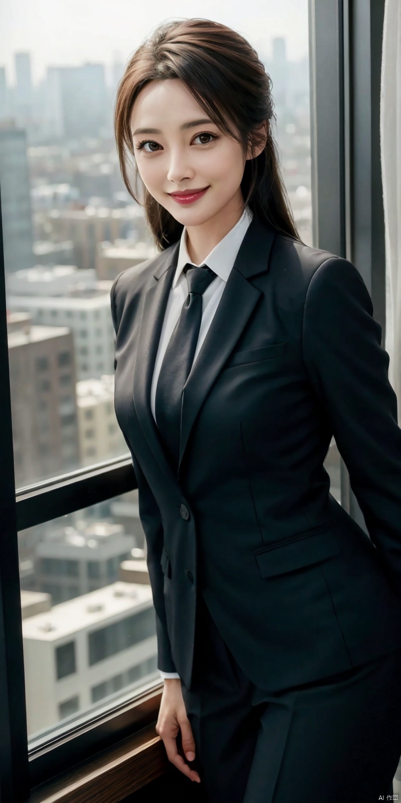  best quality, masterpiece, cowboy_shot,(Good structure), DSLR Quality,Depth of field,kind smile,looking_at_viewer,Dynamic pose, 
Modern businesswoman, dressed in a sleek suit and tie, posing confidently in a modern office setting, cityscape view through the window, focused expression, powerful pose, professional attire, realistic lighting, sharp focus.,lichun