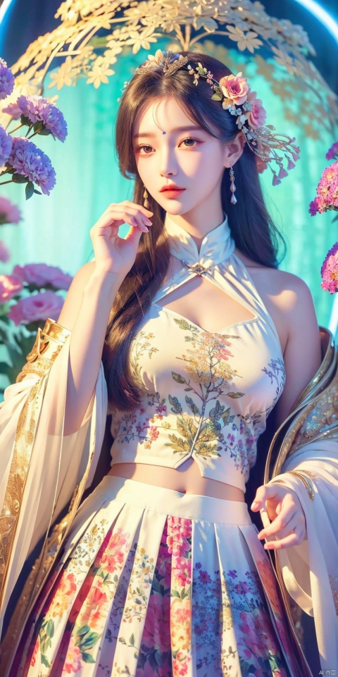  (masterpiece, top quality, best quality, official art, beautiful and aesthetic:1.2),(1girl),upper body,extreme detailed,(fractal art:1.3),colorful,flowers,highest detailed,1 girl,glowing,skirt tied over head,shirt, 1girl, , , ((poakl)), liushen