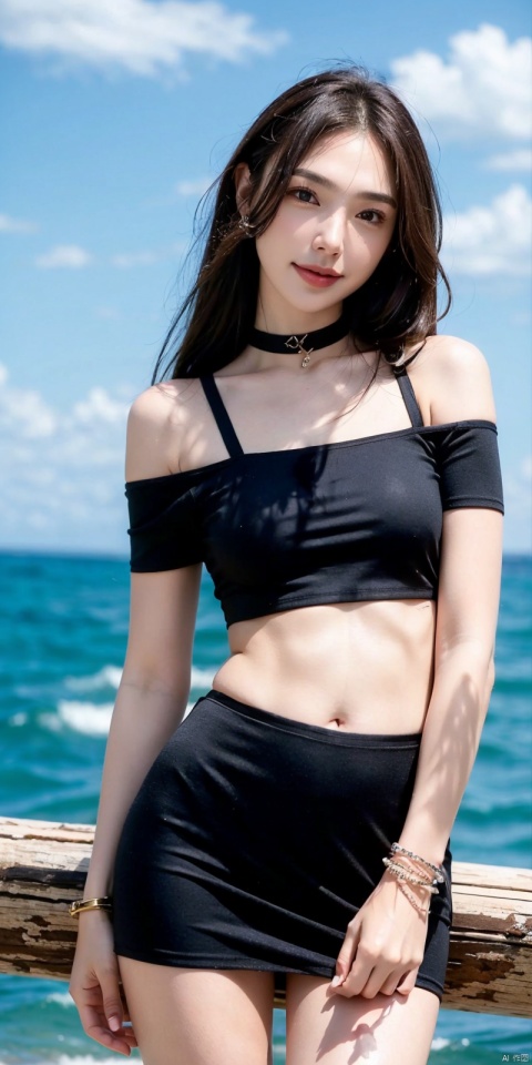  cowboy_shot,(Good structure), DSLR Quality,Short skirt,Blue sky, white clouds, ocean, nai3, 1girl, solo, crop top, , choker, navel, shirt, midriff, crop top overhang, looking at viewer, white shirt, jewelry, breasts, bare shoulders, off-shoulder shirt, off shoulder, black choker, thighs, stomach, long hair, bracelet, short sleeves, ribbon, hand up, collarbone, hair ribbon, medium breasts, , bra strap, , hair ornament, thigh gap, necklace, expressionless, , ,kind smile, , gaierjiaduo