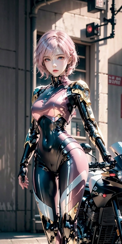  HDR, UHD, 8K, dramatic lighting, soft, golden hour, highly detailed, sharp focus, professional grade, depth of field, real life, cinematic tones, rule of thirds,
1girl, solo, looking at viewer, short hair,（ Pink eyes：1.8）, full body, pink hair, armor, lips, bodysuit, science fiction, hologram, HD,32k,,Ride a motorcycle, Mecha, leiting