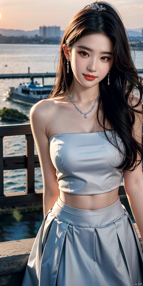  (Good structure),cowboy_shot, DSLR Quality,Depth of field ,looking_at_viewer,Dynamic pose, , kind smile,,
1girl, solo, long hair, , looking at viewer, skirt, hair ornament, bare shoulders, jewelry, , black hair, earrings, outdoors, midriff, water, necklace, lips, crop top, grey eyes, leaning forward, ocean, white skirt, strapless vest, sunset, sun, , liuyifei