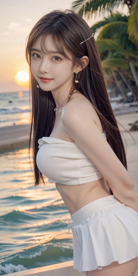  (Good structure),cowboy_shot, DSLR Quality,Depth of field ,looking_at_viewer,Dynamic pose, , kind smile,,
1girl, solo, long hair, , looking at viewer, skirt, hair ornament, bare shoulders, jewelry, , black hair, earrings, outdoors, midriff, water, necklace, lips, crop top, grey eyes, leaning forward, ocean, white skirt, strapless vest, sunset, sun, wangyushan