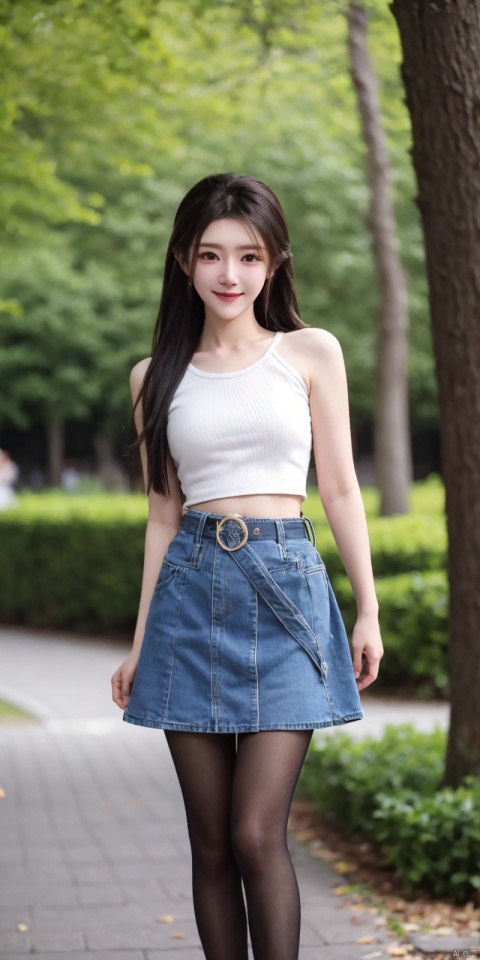  best quality, masterpiece,full_body,(Good structure), DSLR Quality,Depth of field,kind smile,looking_at_viewer,Dynamic pose,
 1girl, 3d, bare_shoulders, belt, blurry, blurry_background, blurry_foreground, branch, , , , collarbone, cosplay_photo, denim, denim_skirt, depth_of_field, , lips, long_hair, looking_at_viewer, midriff, miniskirt, motion_blur, navel, outdoors, photo_\(medium\), realistic, skirt, solo, standing, tree, , , , blackpantyhose, , , , , , , , lihanyi