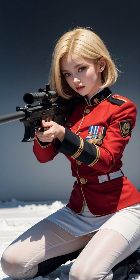  one blonde women wearing tight military uniforms,Kneeling on one knee, White military uniform, pencil_skirt,aiming action,holding an assault rifle in her hand, snow, highly detailed, ultra-high resolution, 32K ultra high definition, best quality, masterpiece, android 18, ,renzaoren