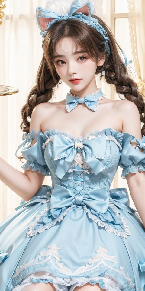  (Good structure), DSLR Quality,(wariza),,Girl, bare shoulders, blue hair, boobs, bow tie, brown eyes, cat ears, collar, ((Lolita Dress: 1.4)) , blue and white Lolita dress, wrinkled leg outfit, hand-held, lips, nose, shoulders, , alone, long_hair, kind smile, looking at the audience, white leg costume, wrist cuffs, 1girl,,looking_at_viewer, , lolidress, ,,   yangchaoyue