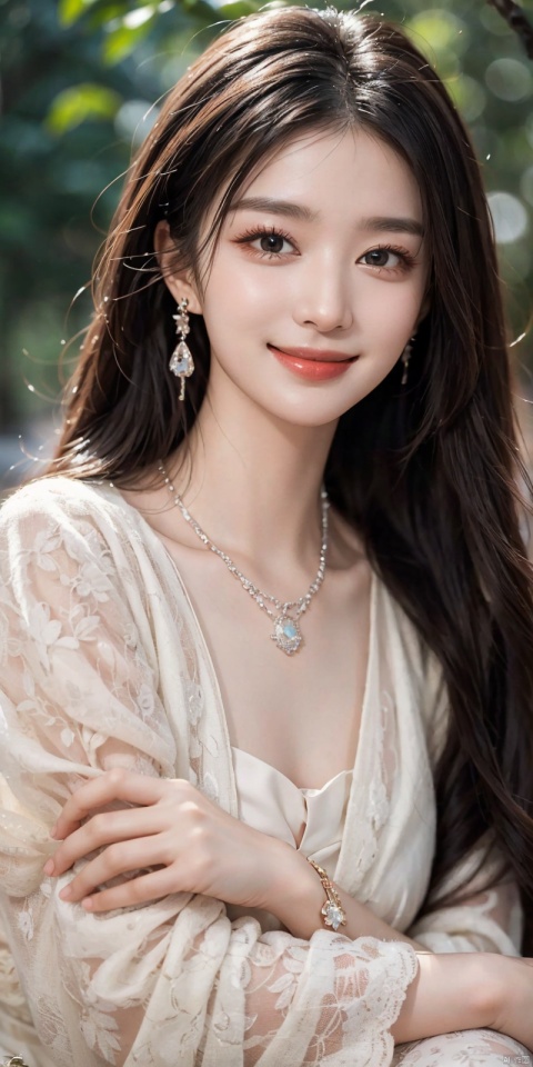 best quality, masterpiece, realistic,,(Good structure), DSLR Quality,Depth of field,kind smile,looking_at_viewer,Dynamic pose,  pose for picture, 
wangchuran, 1girl, jewelry, solo, black hair, realistic, necklace, long hair, earrings, upper body