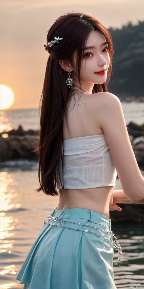  best quality, masterpiece, realistic,cowboy_shot,(Good structure), DSLR Quality,Depth of field,kind smile,looking_at_viewer,Dynamic pose, 
1girl, solo, long hair, , looking at viewer, skirt, hair ornament, bare shoulders, jewelry, , black hair, earrings, outdoors, midriff, water, necklace, lips, crop top, grey eyes, leaning forward, ocean, white skirt, strapless vest, sunset, sun, ,  , yeqinxian,brown_hair