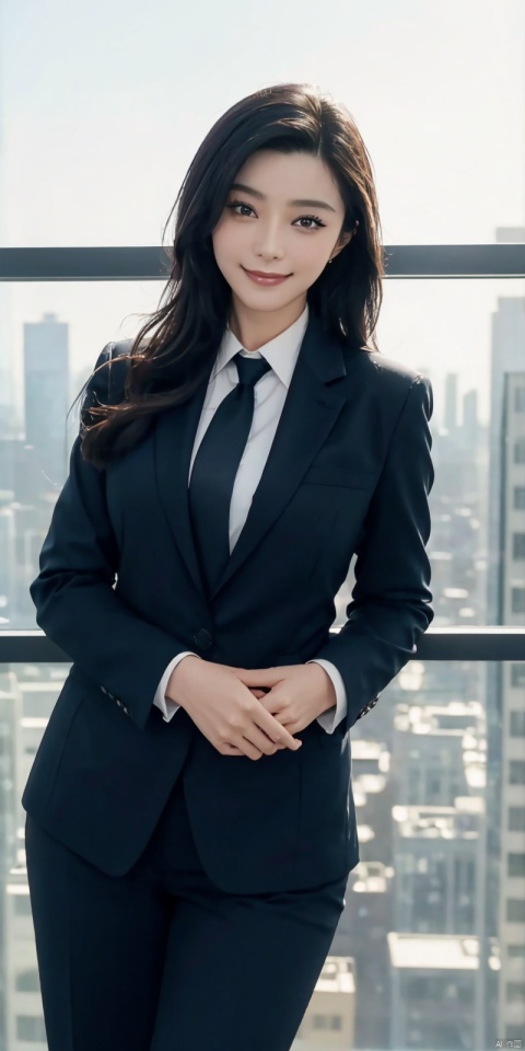  best quality, masterpiece, cowboy_shot,(Good structure), DSLR Quality,Depth of field,kind smile,looking_at_viewer,Dynamic pose, 
Modern businesswoman, dressed in a sleek suit and tie, posing confidently in a modern office setting, cityscape view through the window, focused expression, powerful pose, professional attire, realistic lighting, sharp focus., fanbing