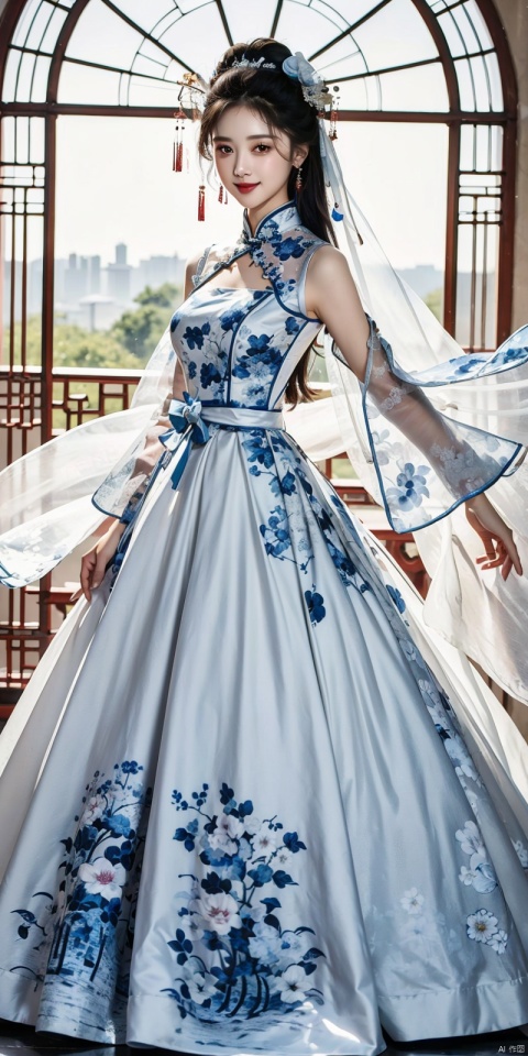  (Good structure), DSLR Quality,Depth of field ,looking_at_viewer,Dynamic pose, , kind smile,
 masterpiece, The best quality, 1girl, luxurious wedding dress, dreamy scene, white background, front viewer, looking at viewer, Flowers, romantic, Bride, Translucent white turban, UHD, 16k, , sparkling dress, , white stockings, , chinese dress,white dress,long hair,
chinese clothes,dress,white dress,floral print,china dress,blue dress,hanfu,long sleeves,print dress,robe,skirt,sleeveless dress,widesleeves, weddingdress, ,  , zhulin