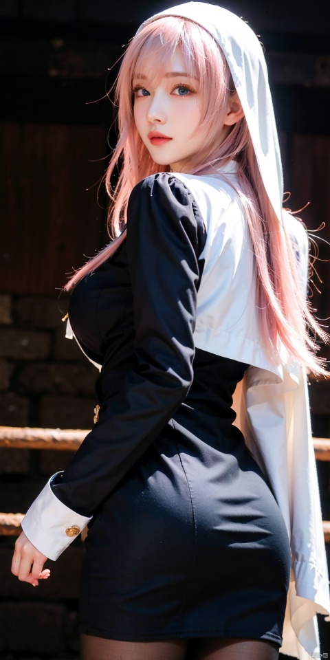  cowboy shot,(Good structure), DSLR Quality,Depth of field,kind smile,looking_at_viewer,Dynamic pose,,
1girl, solo, looking at viewer, blue eyes, long hair, pink hair, blunt bangs, ahoge, big breasts, looking down, blush, shy, closed mouth, raised eyebrows, :<, spoken blush, dark blue nun attire, juliet sleeves, tight skirt, black pantyhose, torn dress, torn pantyhose, torn veil, walking, looking back, in the dungeon, dungeon, blurry background, depth of field, from behind, night, dim, dutch angle, bestquality, ultra detailed, masterpiece