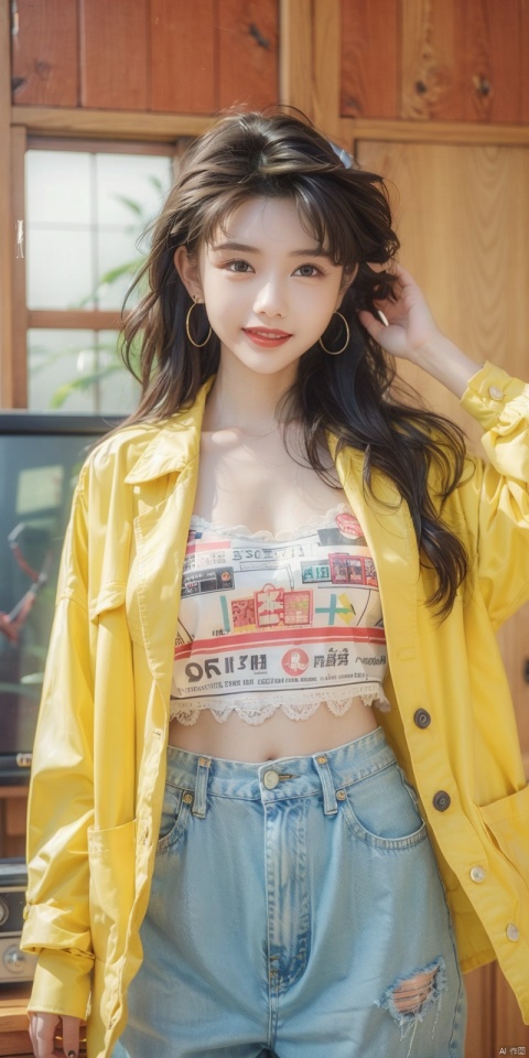 80sDBA style, fashion, (magazine: 1.3), (cover style: 1.3),Best quality, masterpiece, high-resolution, 4K, 1 girl, smile, exquisite makeup,shirt,jean,jacket , lace, tv,boombox
,, , , qiushuzhen