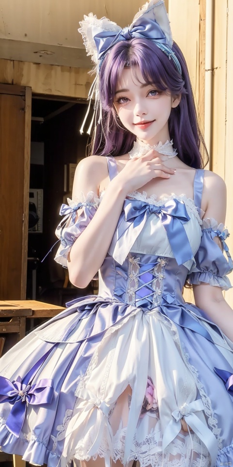  (Good structure), DSLR Quality,Depth of field,kind smile,looking_at_viewer,Dynamic pose, ,(wariza),,Girl, bare shoulders,  , boobs, bow tie, ,purple   eyes, cat ears, collar, ((Lolita Dress: 1.4)) , blue and white Lolita dress, wrinkled leg outfit, hand-held, lips, nose, shoulders, , alone, long_hair, kind smile, looking at the audience, white leg costume, wrist cuffs, 1girl,,looking_at_viewer, , lolidress, ,, ,purple hair, yunxi