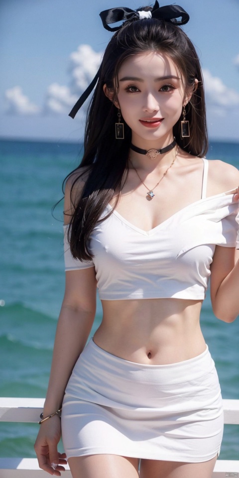 cowboy_shot,(Good structure), DSLR Quality,Short skirt,Blue sky, white clouds, ocean, nai3, 1girl, solo, crop top, , choker, navel, shirt, midriff, crop top overhang, looking at viewer, white shirt, jewelry, breasts, bare shoulders, off-shoulder shirt, off shoulder, black choker, thighs, stomach, long hair, bracelet, short sleeves, ribbon, hand up, collarbone, hair ribbon, medium breasts, , bra strap, , hair ornament, thigh gap, necklace, expressionless, , ,kind smile, , zhangmin