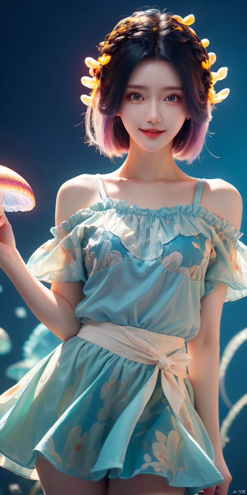  best quality, masterpiece, cowboy_shot,(Good structure), DSLR Quality,Depth of field,kind smile,looking_at_viewer,Dynamic pose, 
Colorful Girl, 1Girl,Colorful jellyfish, colorful jellyfish floating in the air,Close shot, large jellyfish on head, front, upper body, above thighs, blue **** top dress, complex fluid shaped colored short skirt at waist, off shoulder, colorful print, looking at the camera, colored gradient hair, dark gradient background, depth of field, glow, hand101, 1girl, jiangli